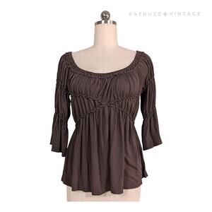 Y2K Babydoll Top L Brown Whimsigoth Bell Sleeve Ruffle Peasant Ren Faire Fairy